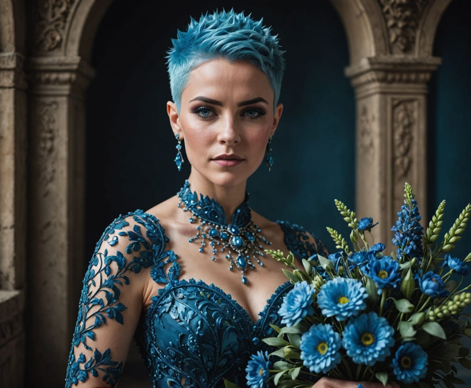 Woman with Blue Hair in Ornate Wedding Dress