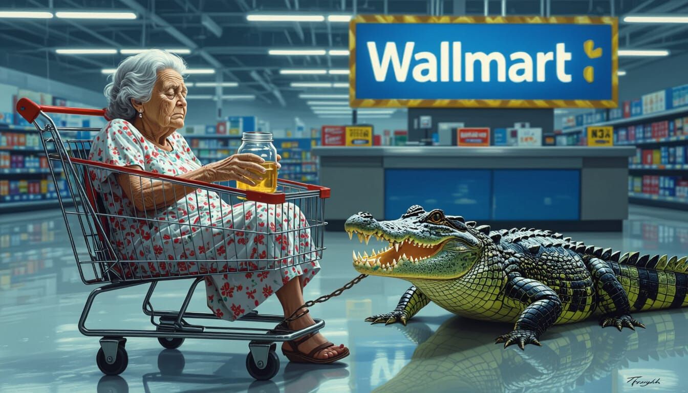Surreal Scene: Woman Sleeps in Walmart Cart Pulled by Alliga...