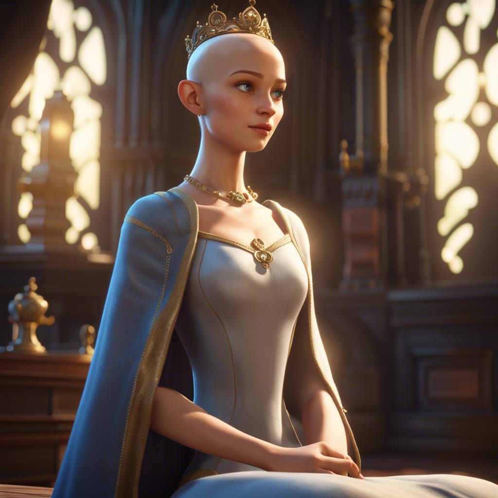 Bald Princess in 3D Game Cinematic Style