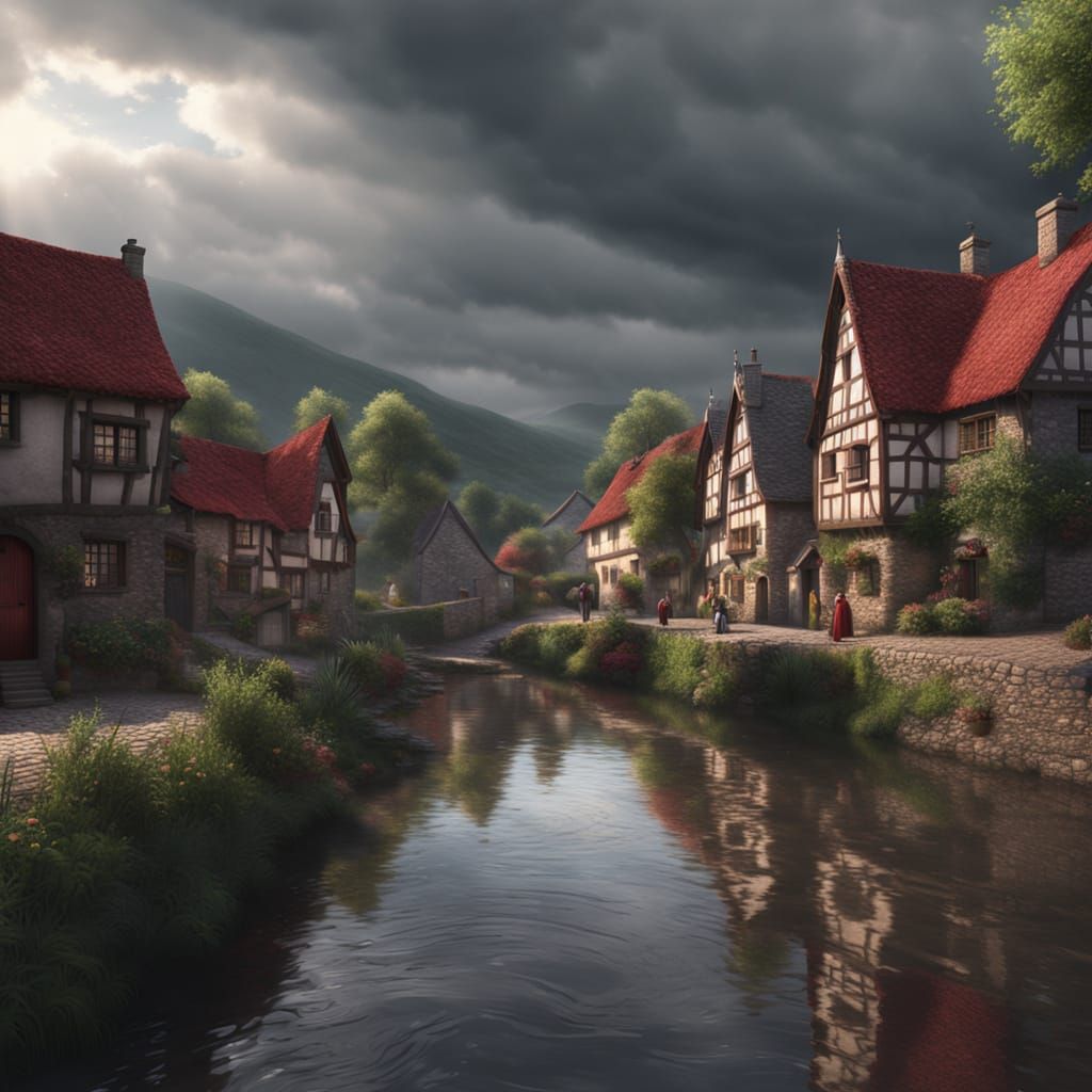 Tranquil River Eddy & Village Scene Matte Painting