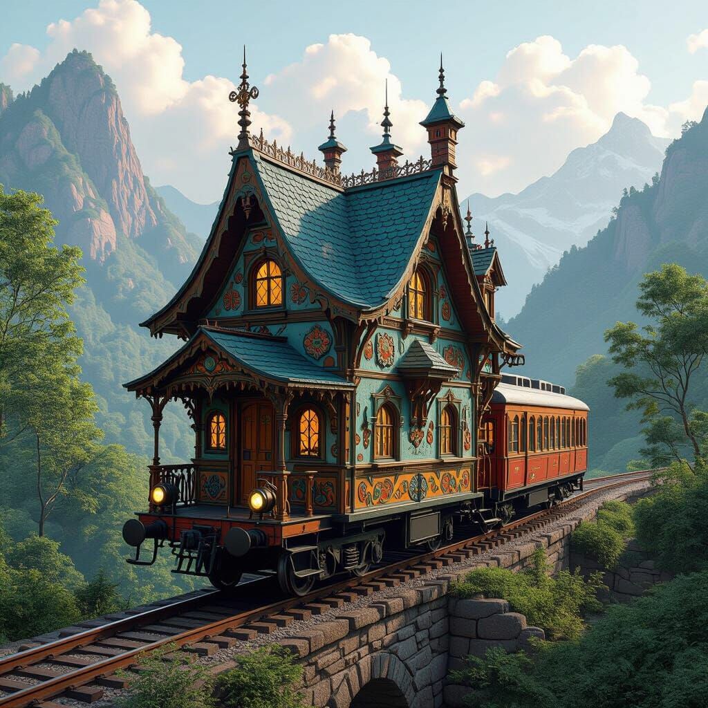Yerka-Inspired Village House on a Train in Fantasy Landscape