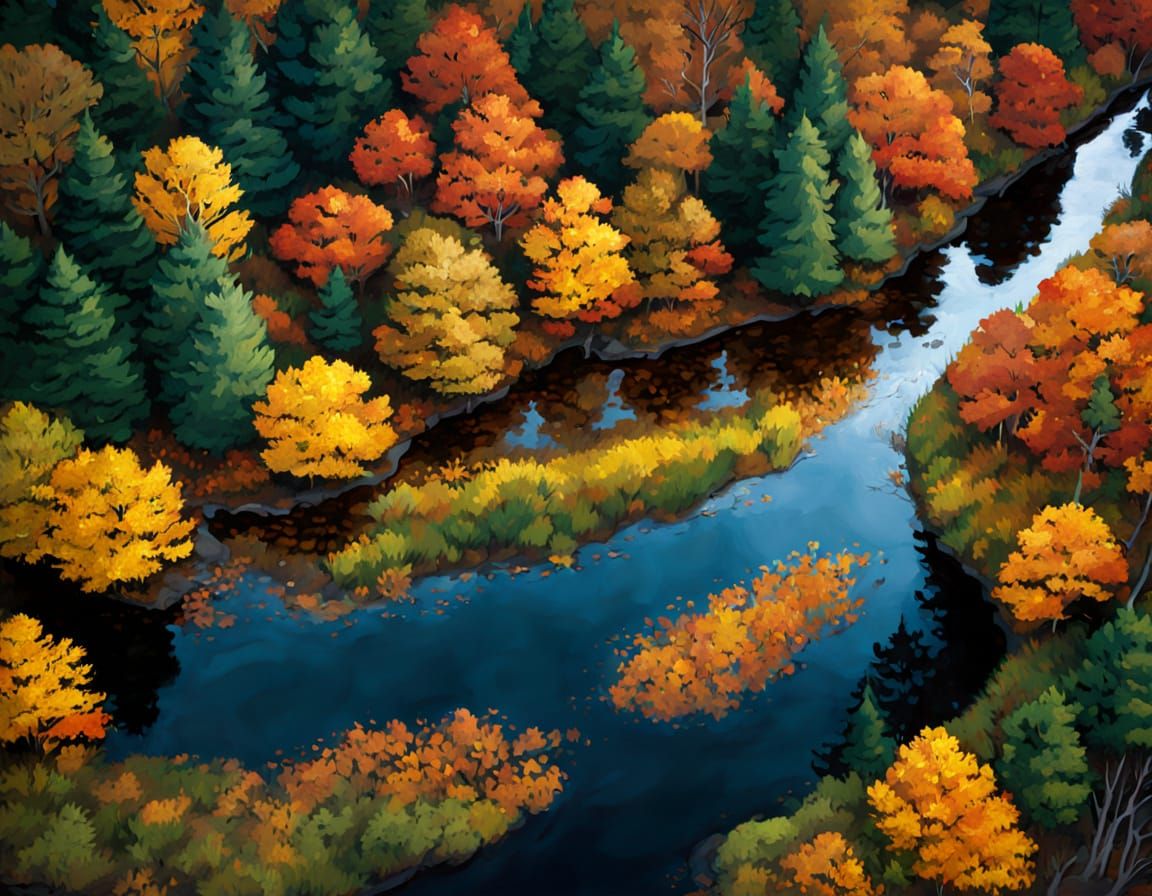 Aerial Autumn Landscape River Painting