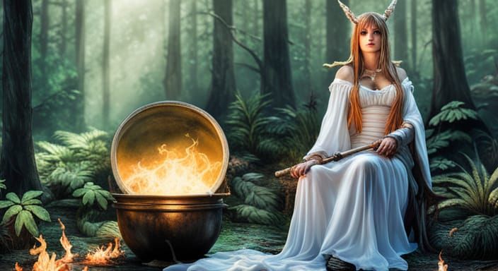 Sorceress in Forest with Cauldron, Hyperrealistic Art