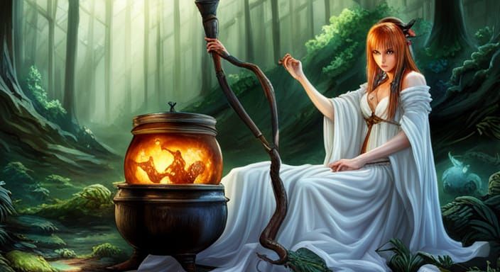 Sorceress with Cauldron in Forest, Dark Fantasy Style