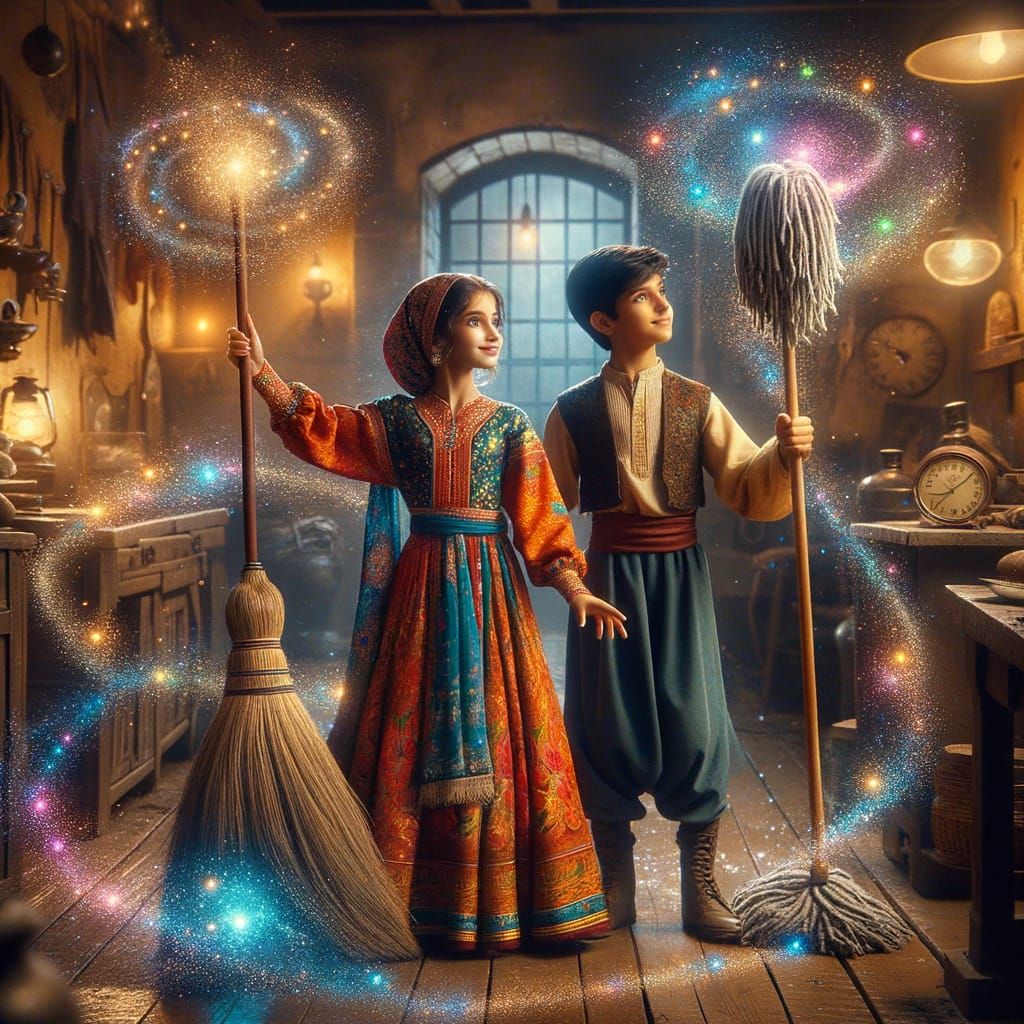 Magical Chores: Kids Sweeping and Mopping with Glowing Orbs