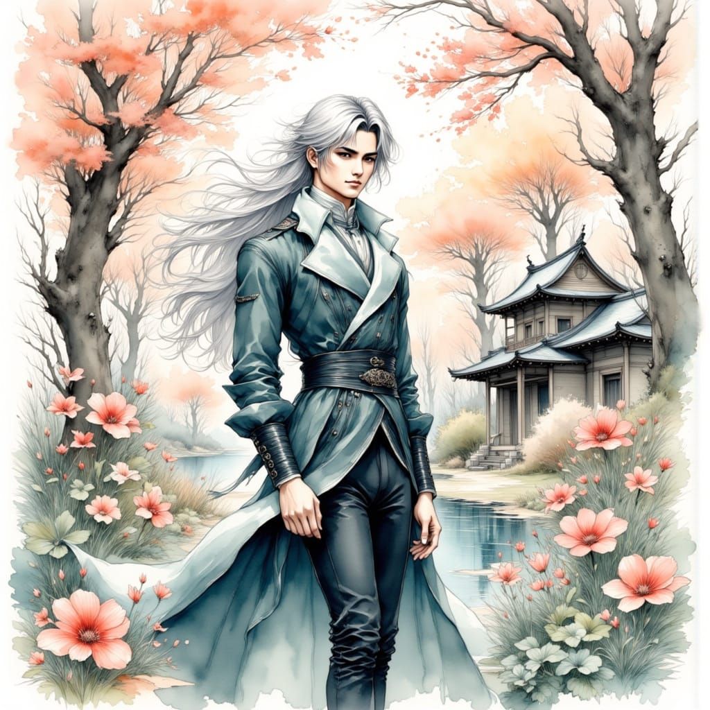 Handsome Anime Male in Japanese Garden