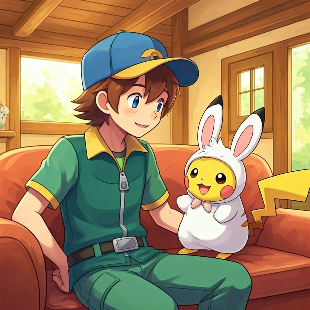 Whimsical Pokémon Trainer Admires Pikachu in Easter Bunny Co...