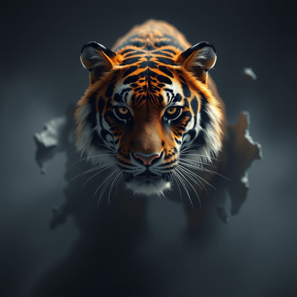 Vibrant Bengal Tiger Emerges from Void in Surreal Art