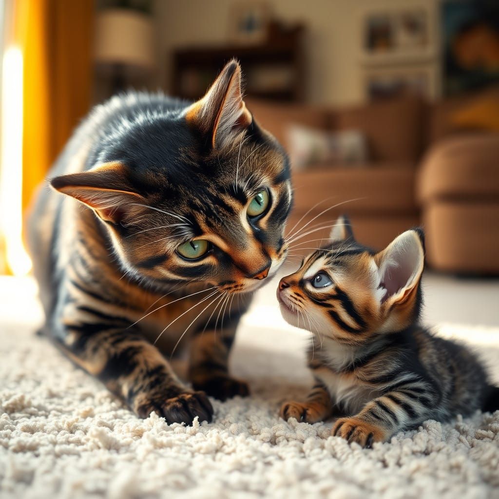 Sleek Tabby Cat Gently Sniffs Kitten in Warm Living Room