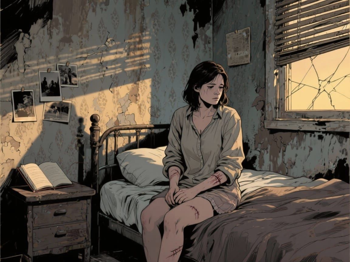 Dark Comic Illustration of Woman Reflecting on Past