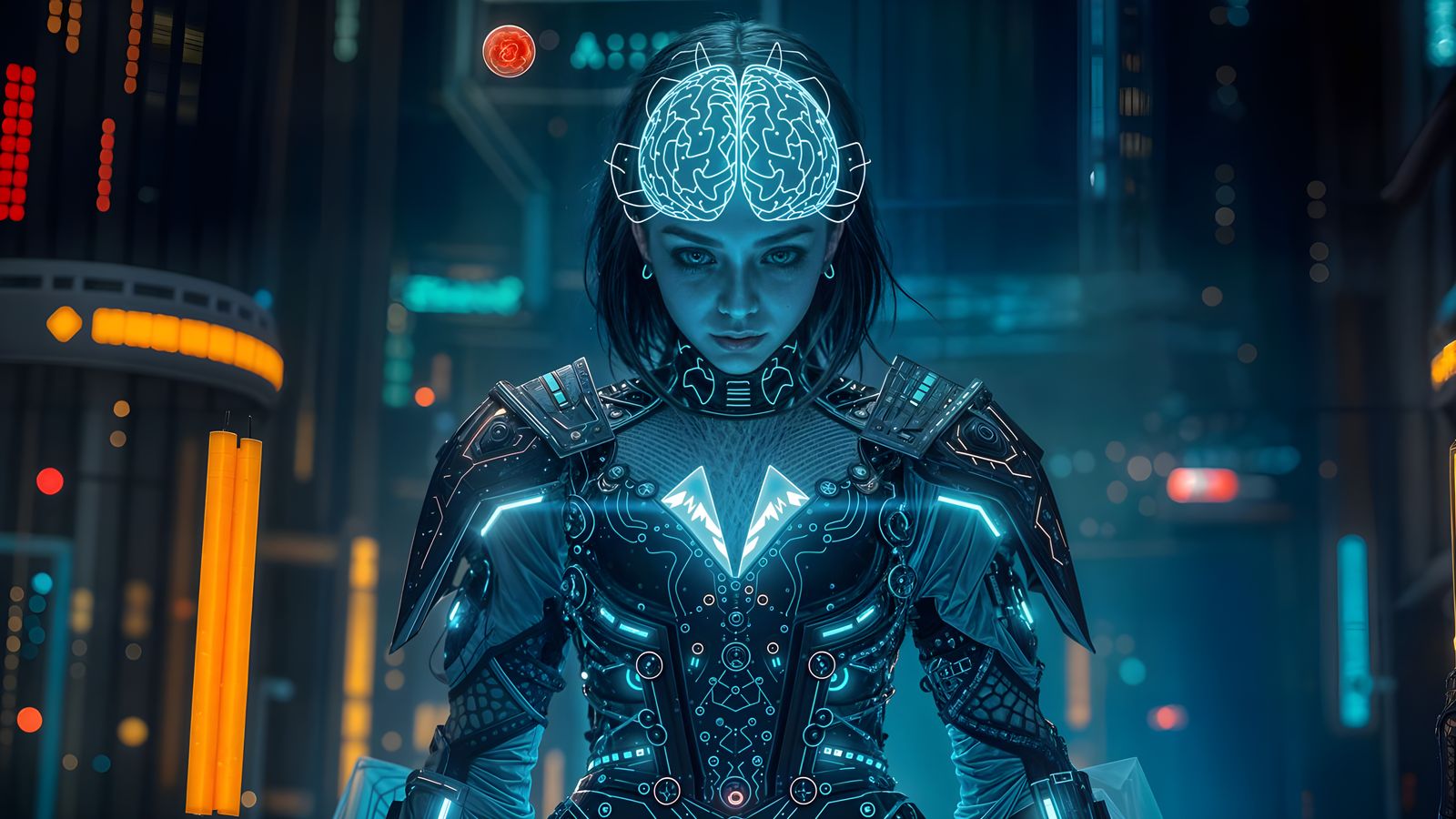 Cyber-Gothic Siren in Luminous Neural Dress