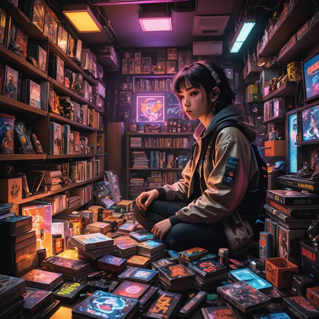 Cyberpunk Anime Collector in Dimly Lit Basement