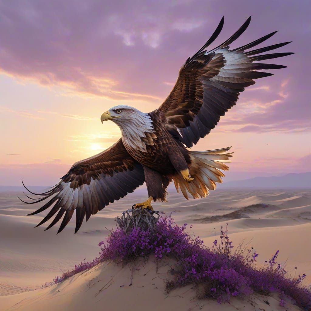 Regal Eagle Soars Over Endless Dunes in Vibrant Twilight
