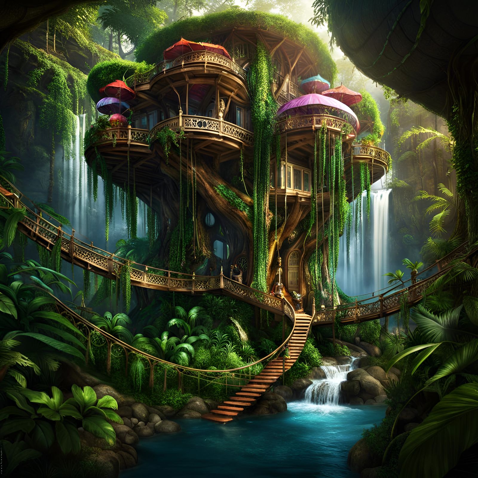 Elven Palace Treehouse in Detailed Jungle Forest