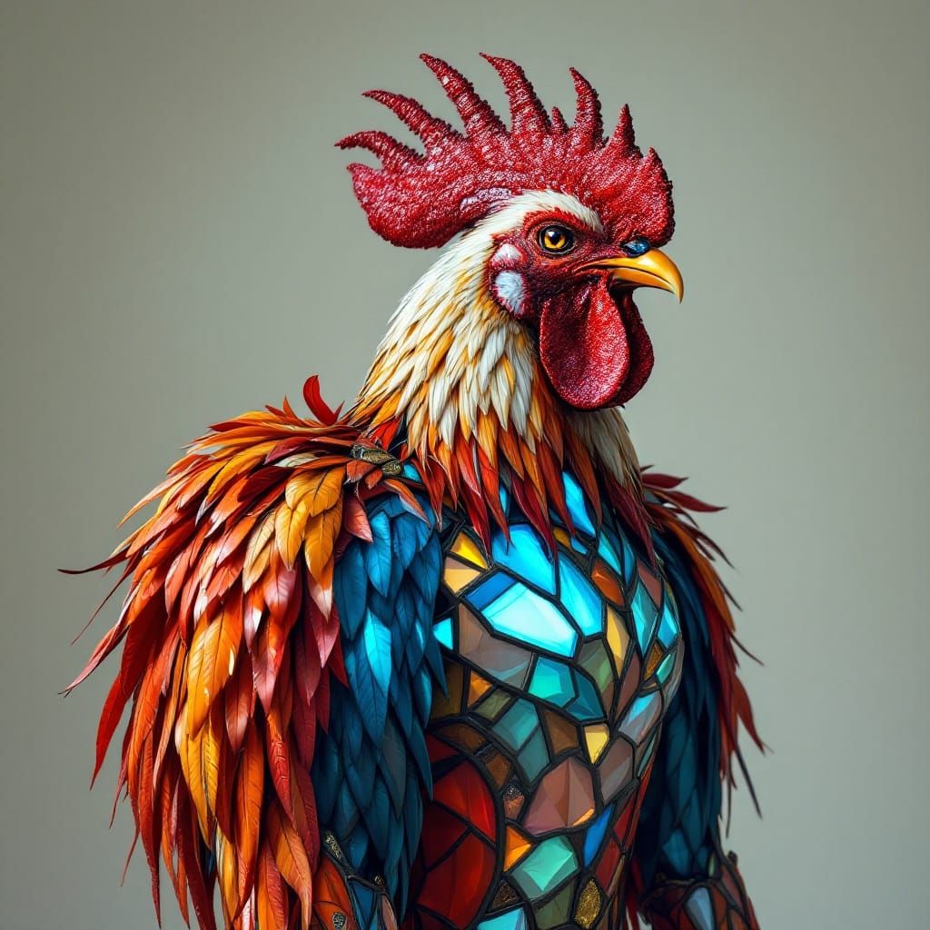 Rooster in Vibrant Stained Glass Bodysuit, Feathers Glisten ...