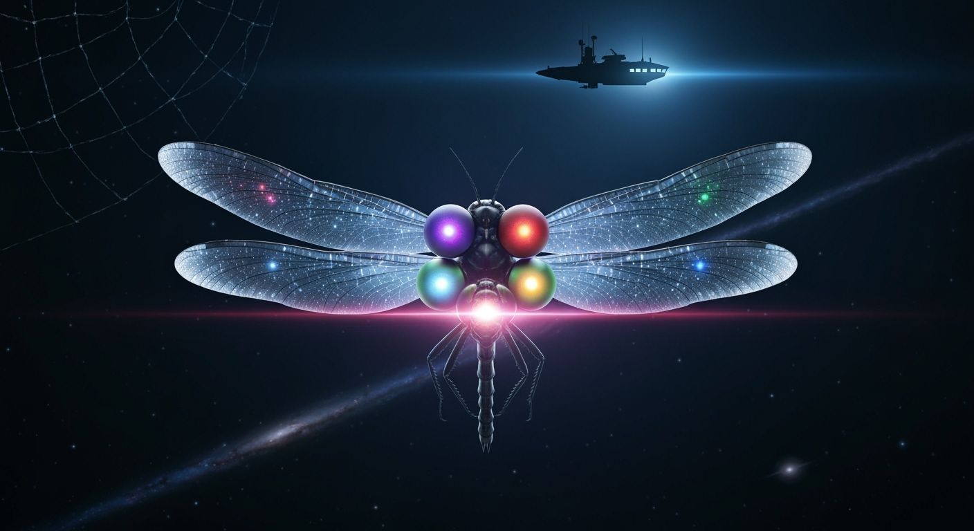 Glowing Six-Eyed Dragonfly in Cosmic Noir Space