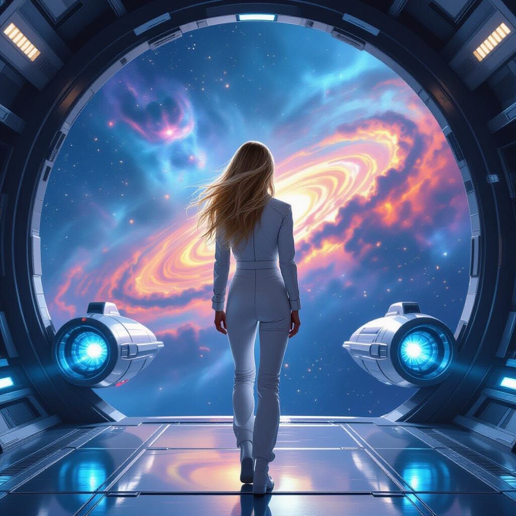 Woman Gazing at Nebula on Spaceship Deck in Matte Painting S...