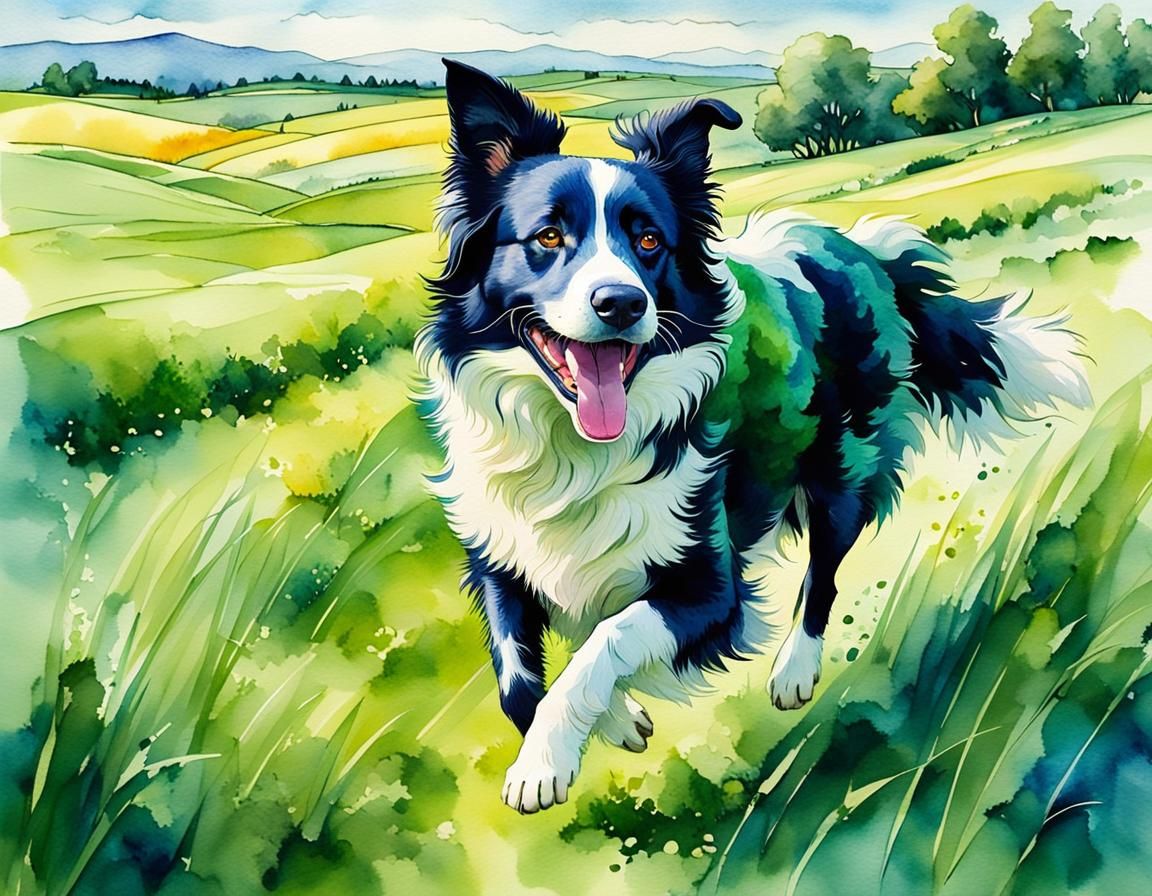 Happy Border Collie Runs Through Lush Field