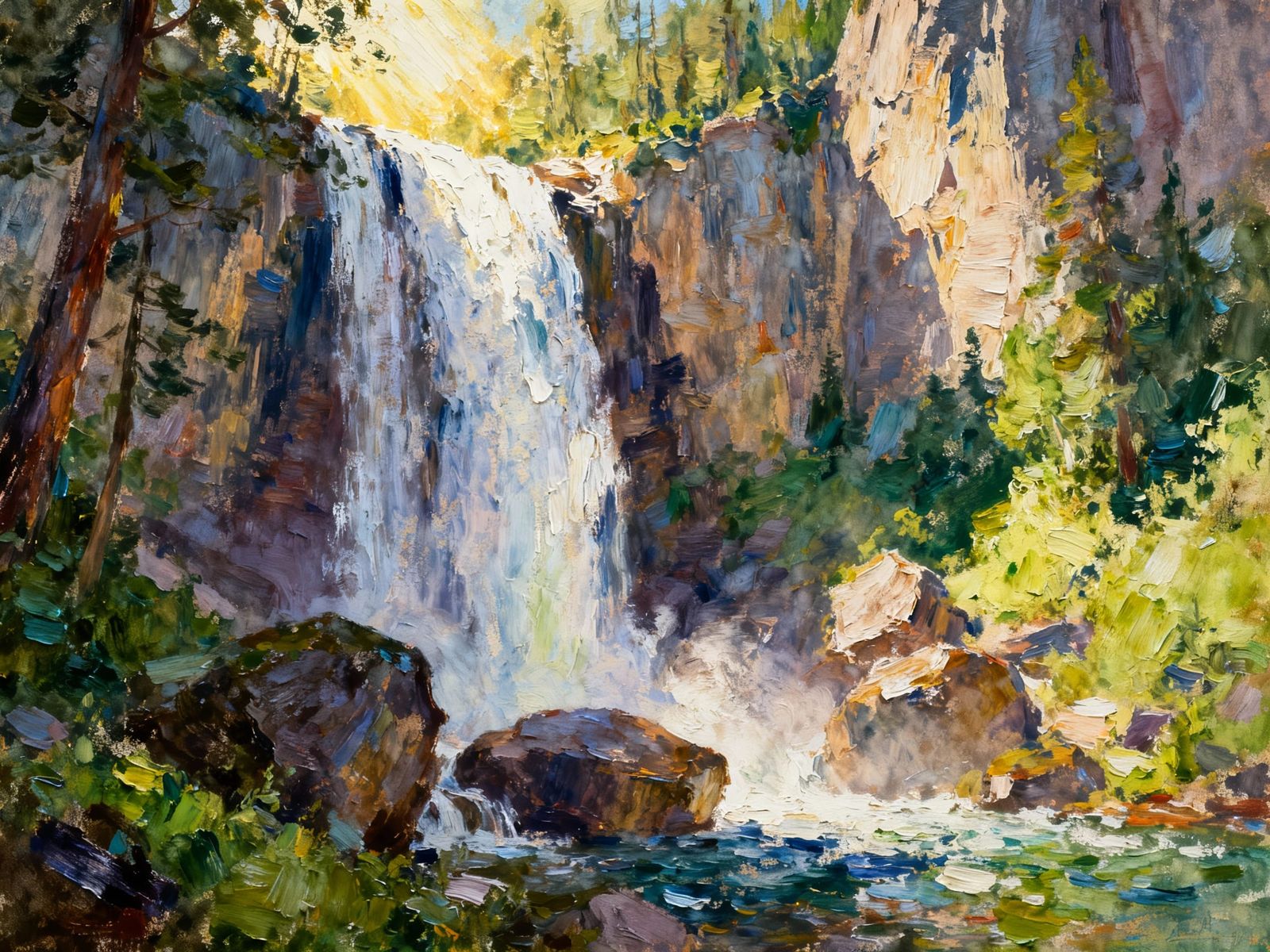 Majestic Yosemite Waterfall in Gouache Style