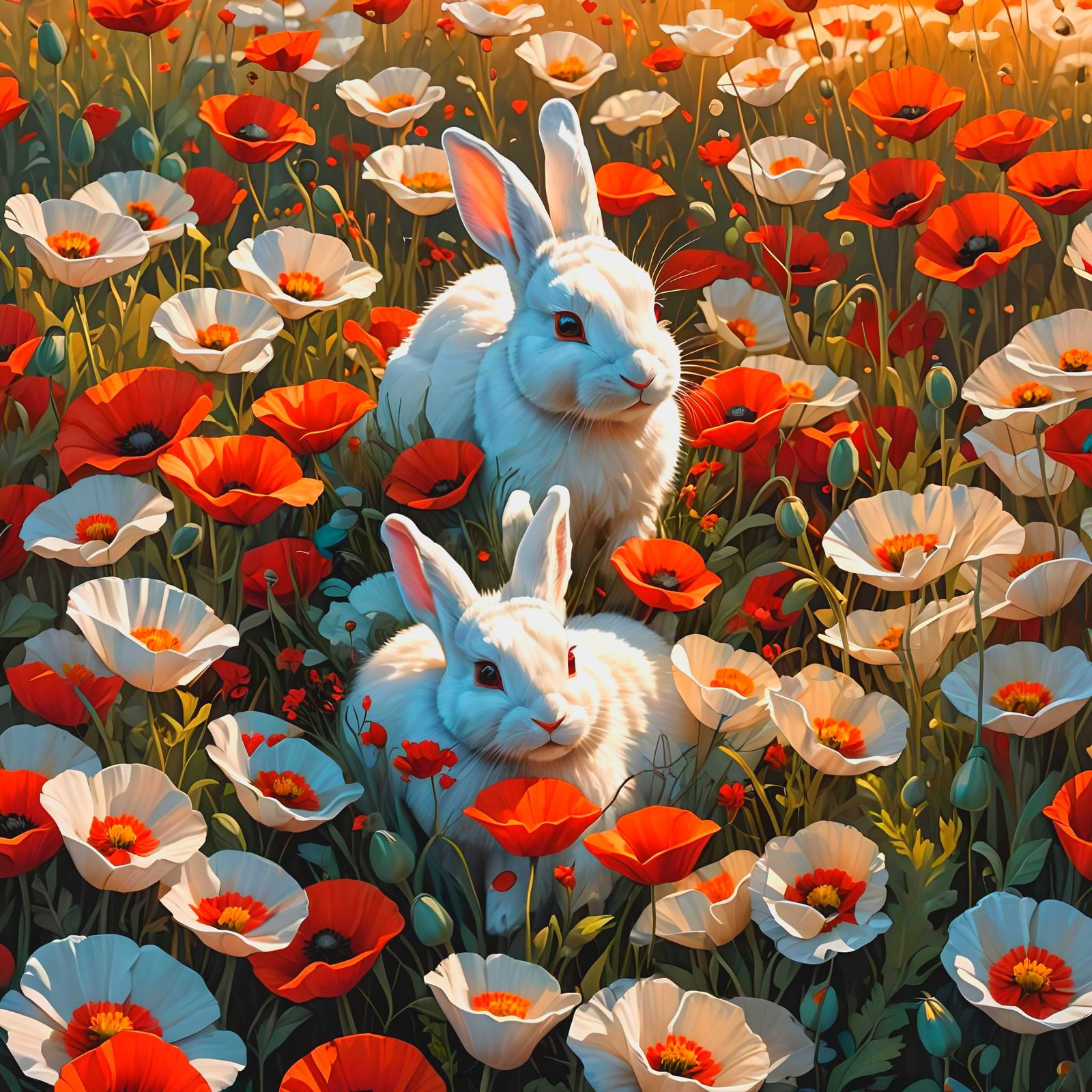 Sleeping Bunny in Poppy Field: Art Nouveau Style