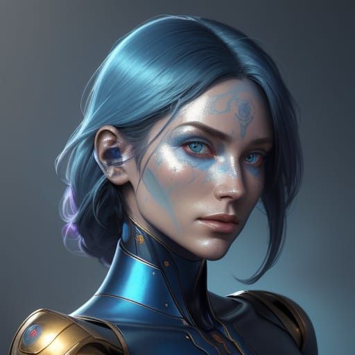 Cybernetic Goddess with Vibrant Red Nails and Neon Accents