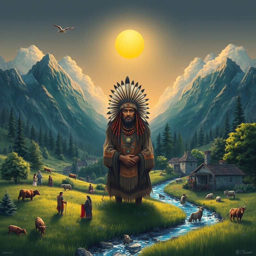 Ancient Tribal Leader Surveys His Vibrant Village in a Sunli...