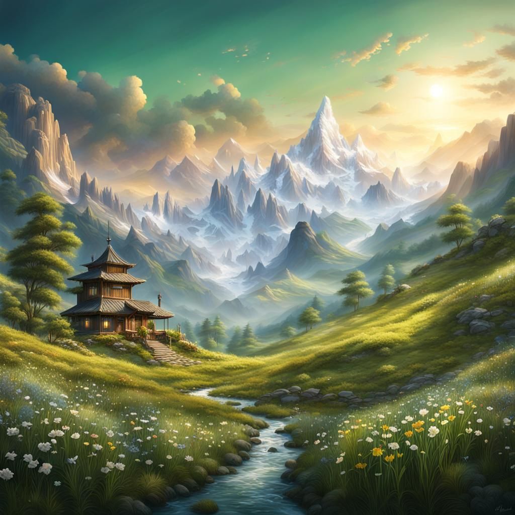 Mountain Sanctuary with Wind Chimes, Digital Matte Painting