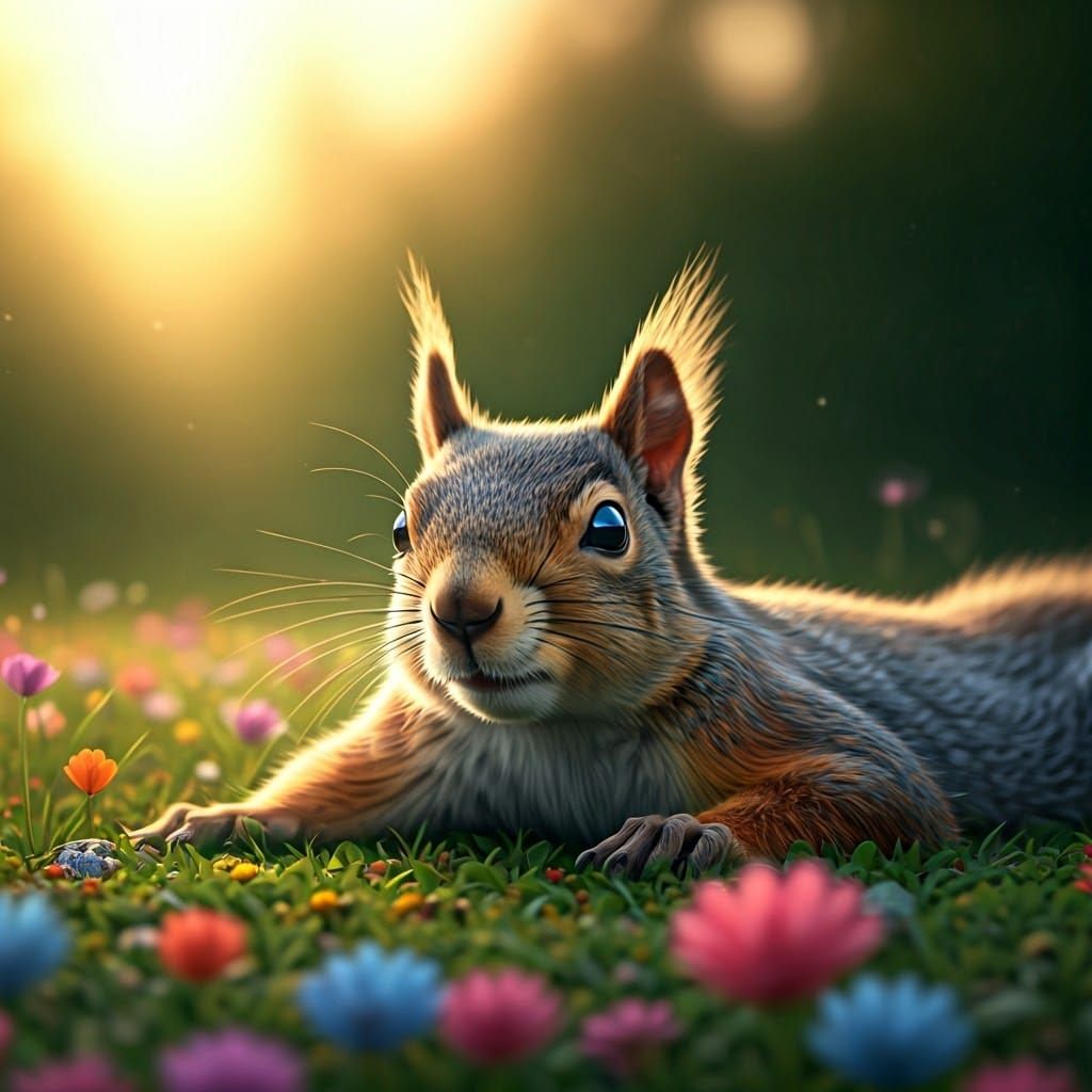 Gigantic Squirrel Basks in Serene Meadow
