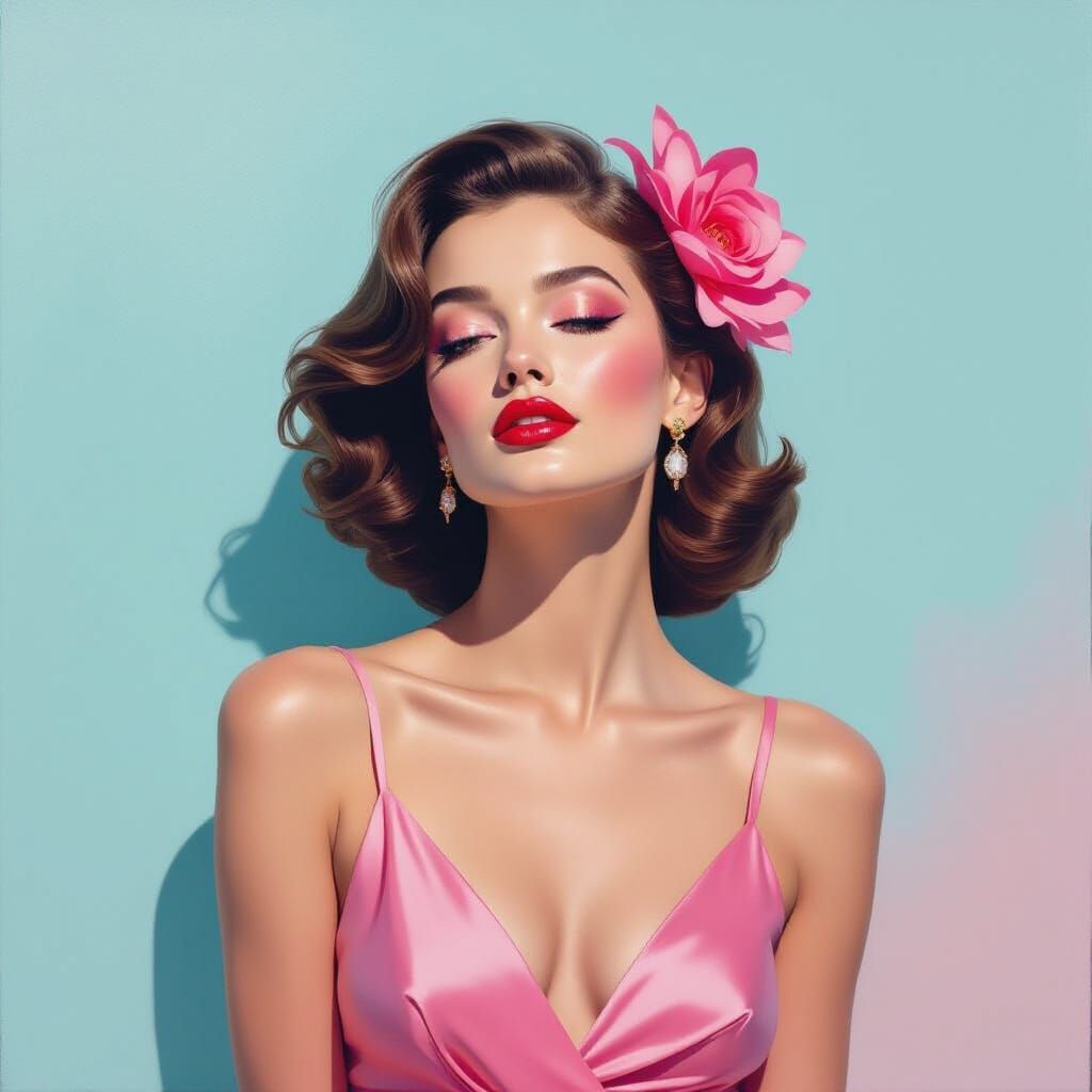 Ethereal Fashion Model in Pink Minimalist Painting