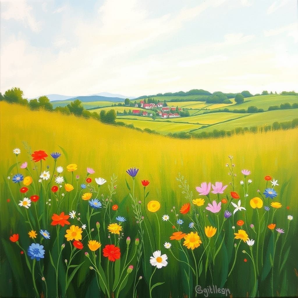 Impressionistic Meadow with Wildflowers and Village