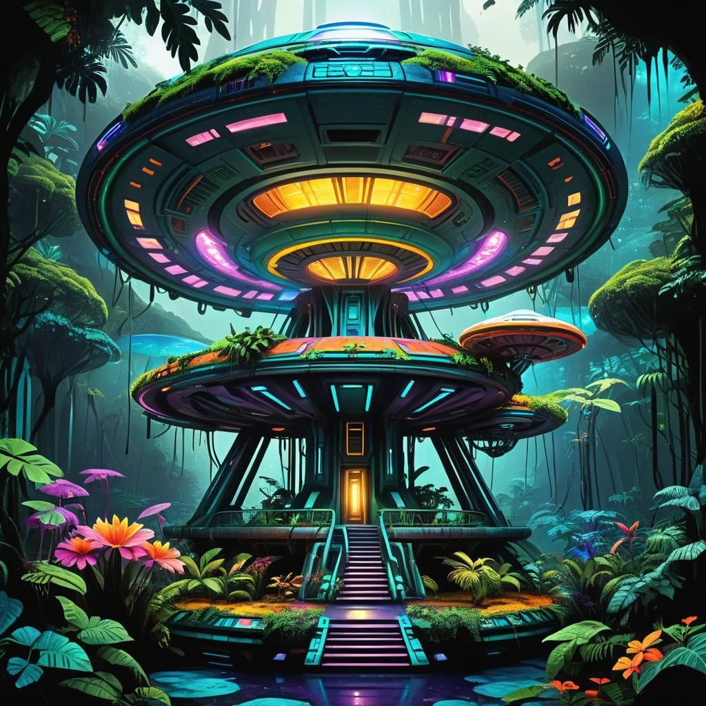 UFO Base Hidden in Rainforest: Digital Illustration