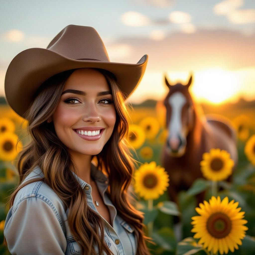 Smiling Cowgirl in Sunflower Field with Horse, Hyperrealisti...
