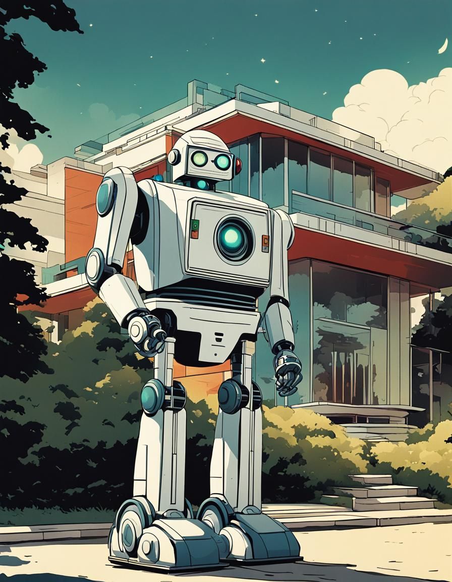 Vintage Robot in Front of Art Deco House