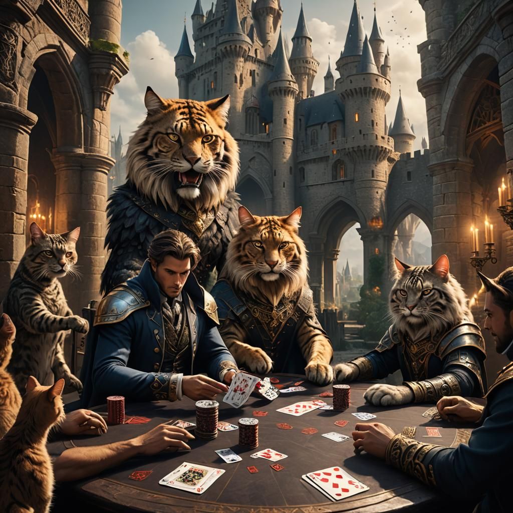 Man Plays Poker with Cats in Castle, Digital Art