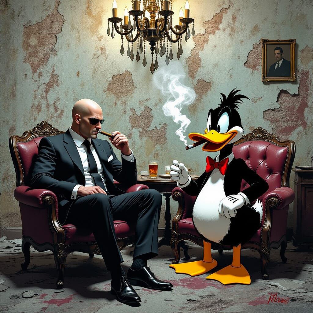 Agent 47 and Daffy Duck Share a Drink in Gritty Hideout