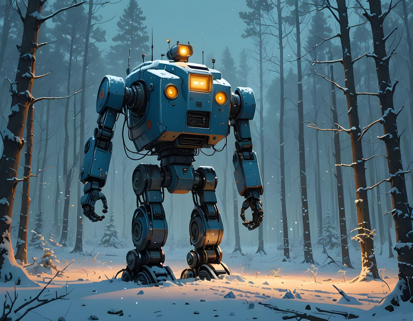 Robot in Snowy Night with Glowing Lights