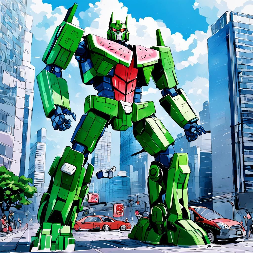 Watermelon Transformer Battle in Anime Style