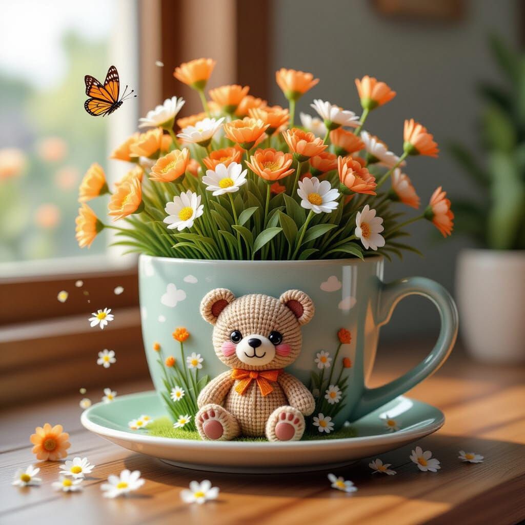 Charming 3D Miniature Scene with Knitted Bear Cub