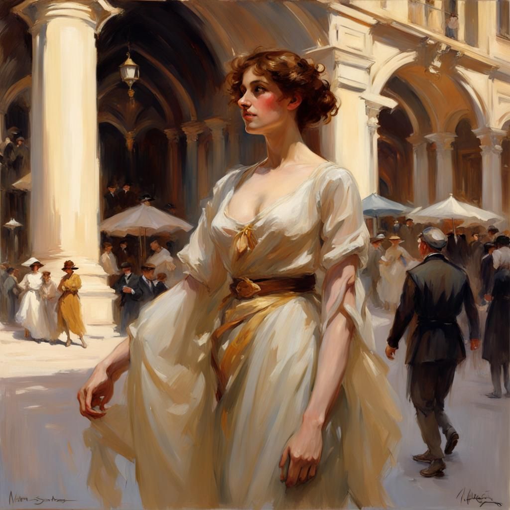 Maiden in Town Square, Oil Painting Portrait