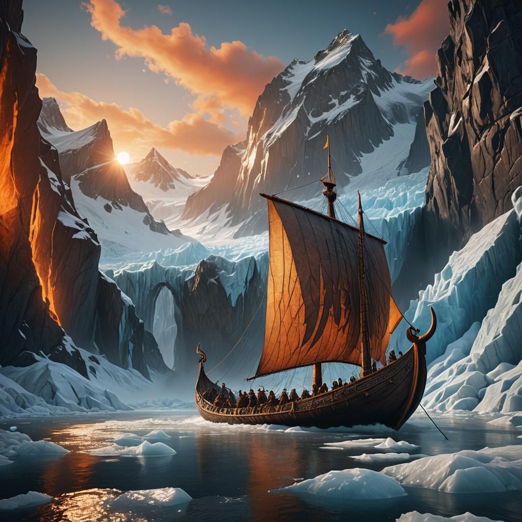 Viking Boat Sails Between Glaciers at Sunset