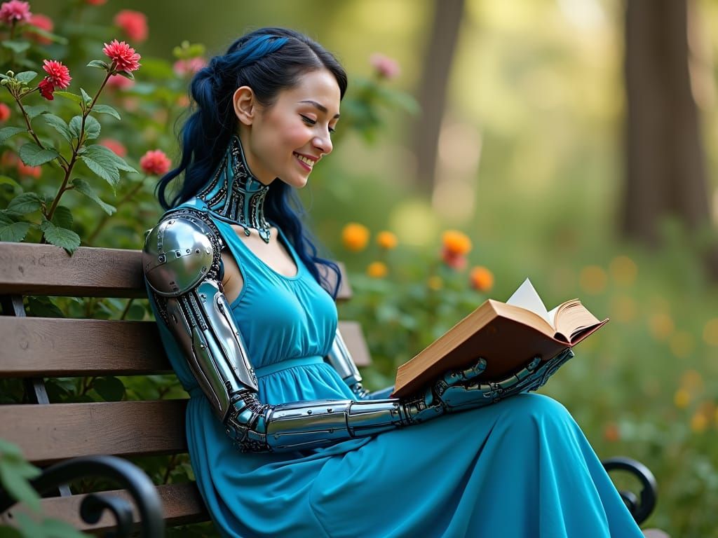 Smiling Cyborg in Park with Book: Realistic Rendering