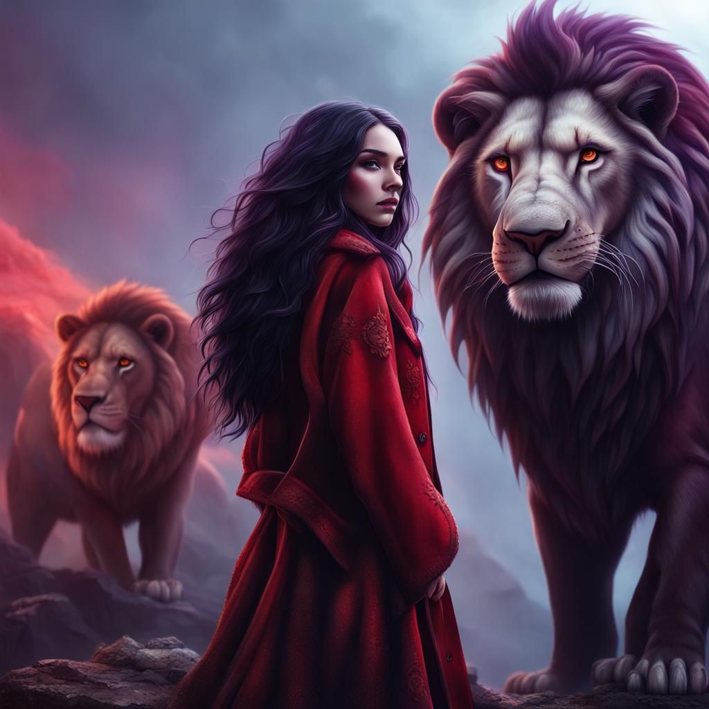 Girl with Lions: Maximalist Digital Painting