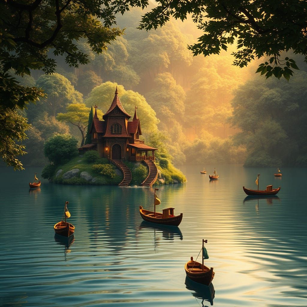 Lush Enchanted Island on a Serene Lake