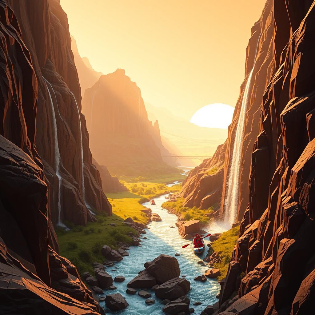 Low Poly Canyon with Sparkling Waterfalls