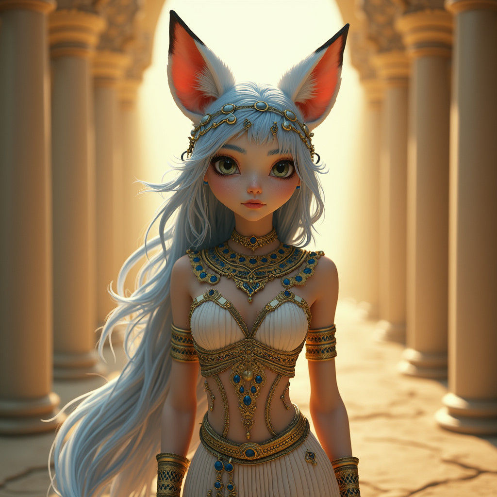 Egyptian Fox Girl with Blue Hair, Art Nouveau Style