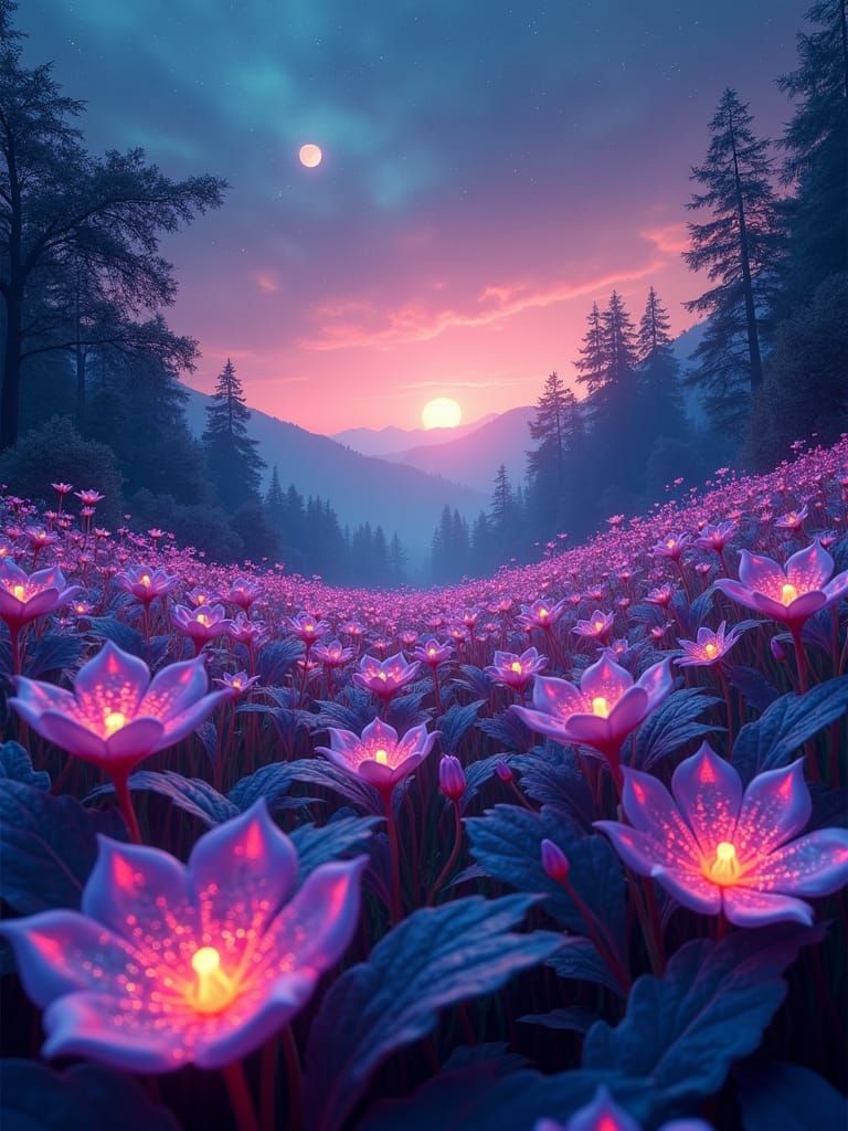 Fantasy Meadow with Bioluminescent Flowers