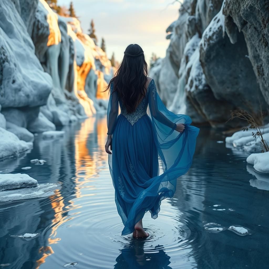 Woman in Blue Gown Walking Through Frozen Landscape