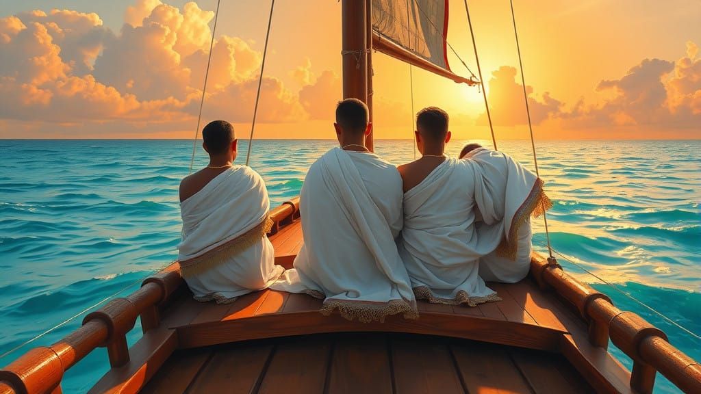 Thai Brahmin Sailors on Balinese Junk Boat in Tropical Sunse...