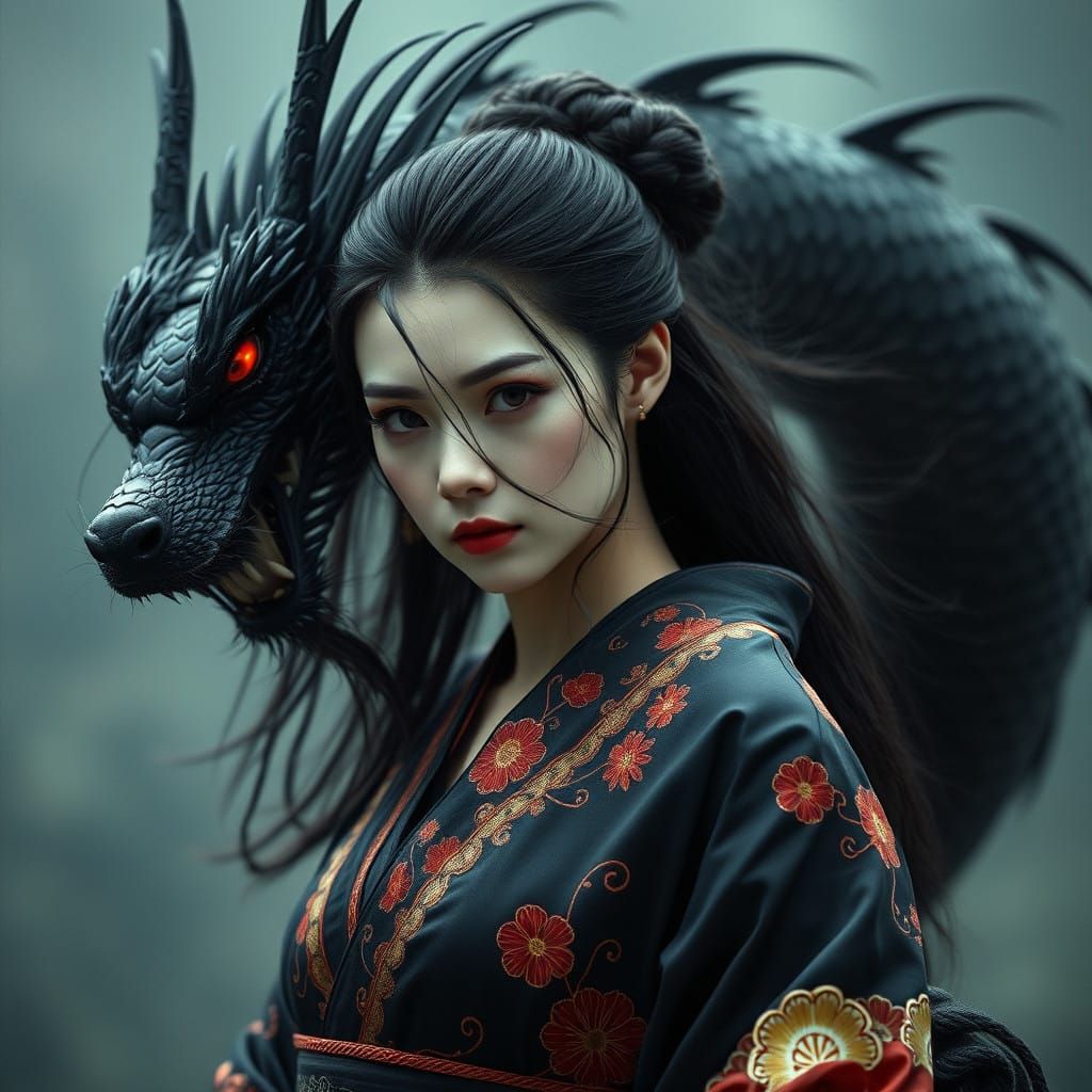 Mystical Woman in Traditional Japanese Kimono with Dark Aura...