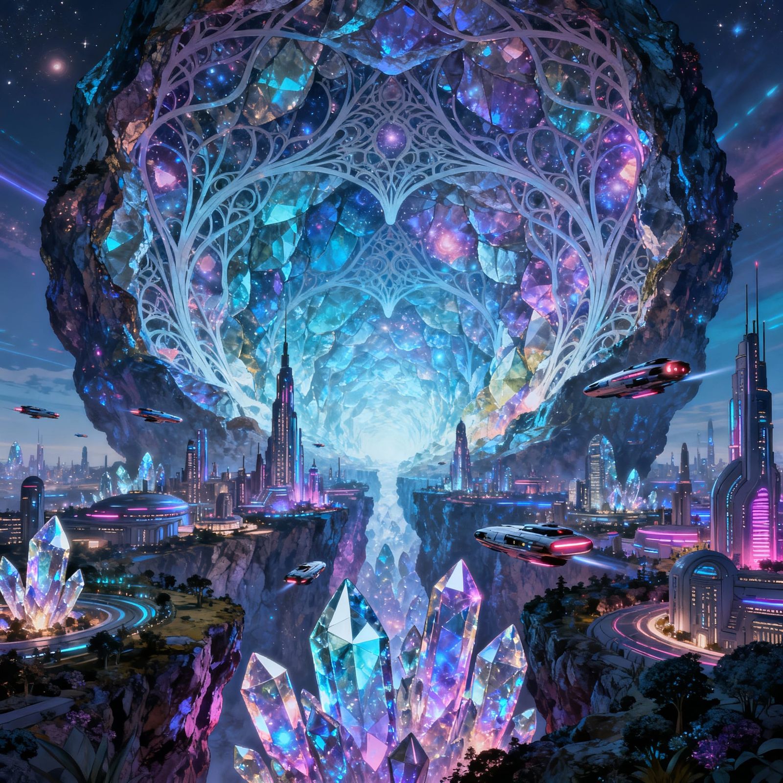 Futuristic City Inside Geode with Neon Lights